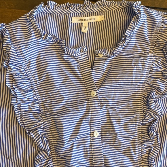 Avec les Filles blue and white striped ruffle button up long sleeve size S - Picture 4 of 5